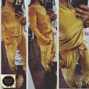 2 piece velour off the shoulder set